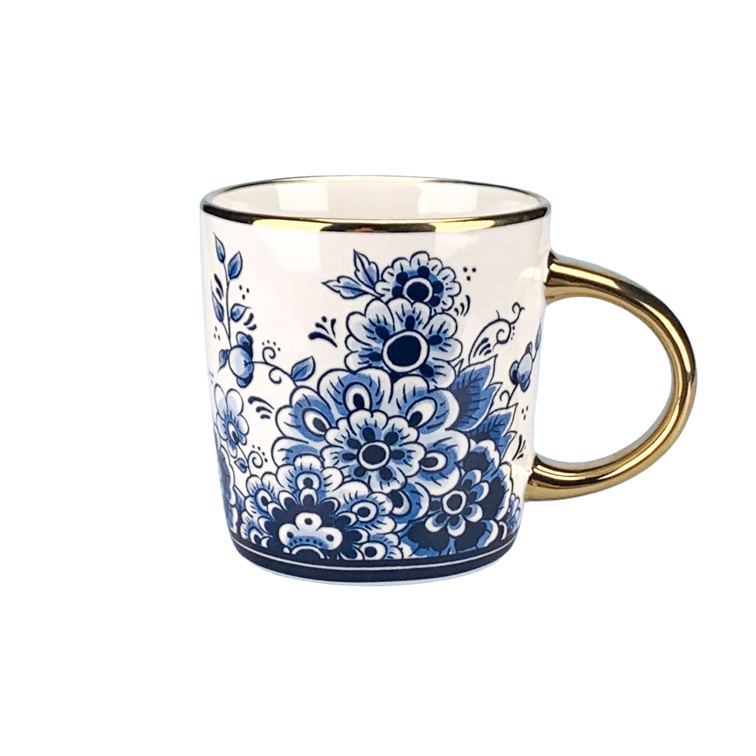 Mug - Delft blue flowers with gold handle