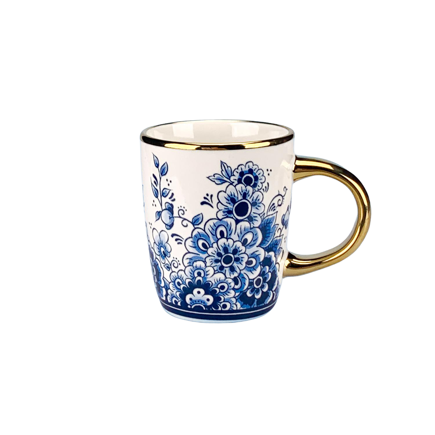 Mug - Delft blue flowers with gold handle