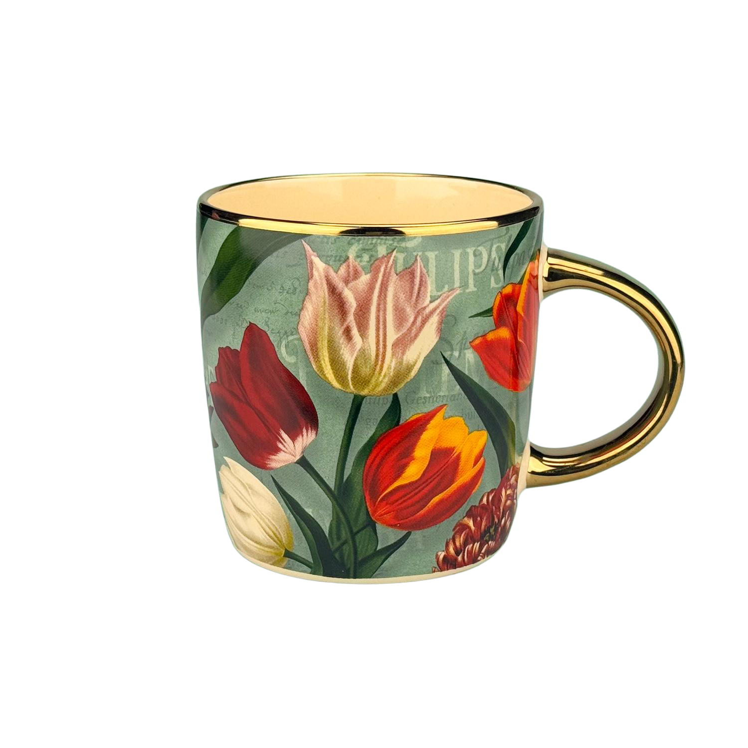 Mug - Green Tulips with Gold Handle